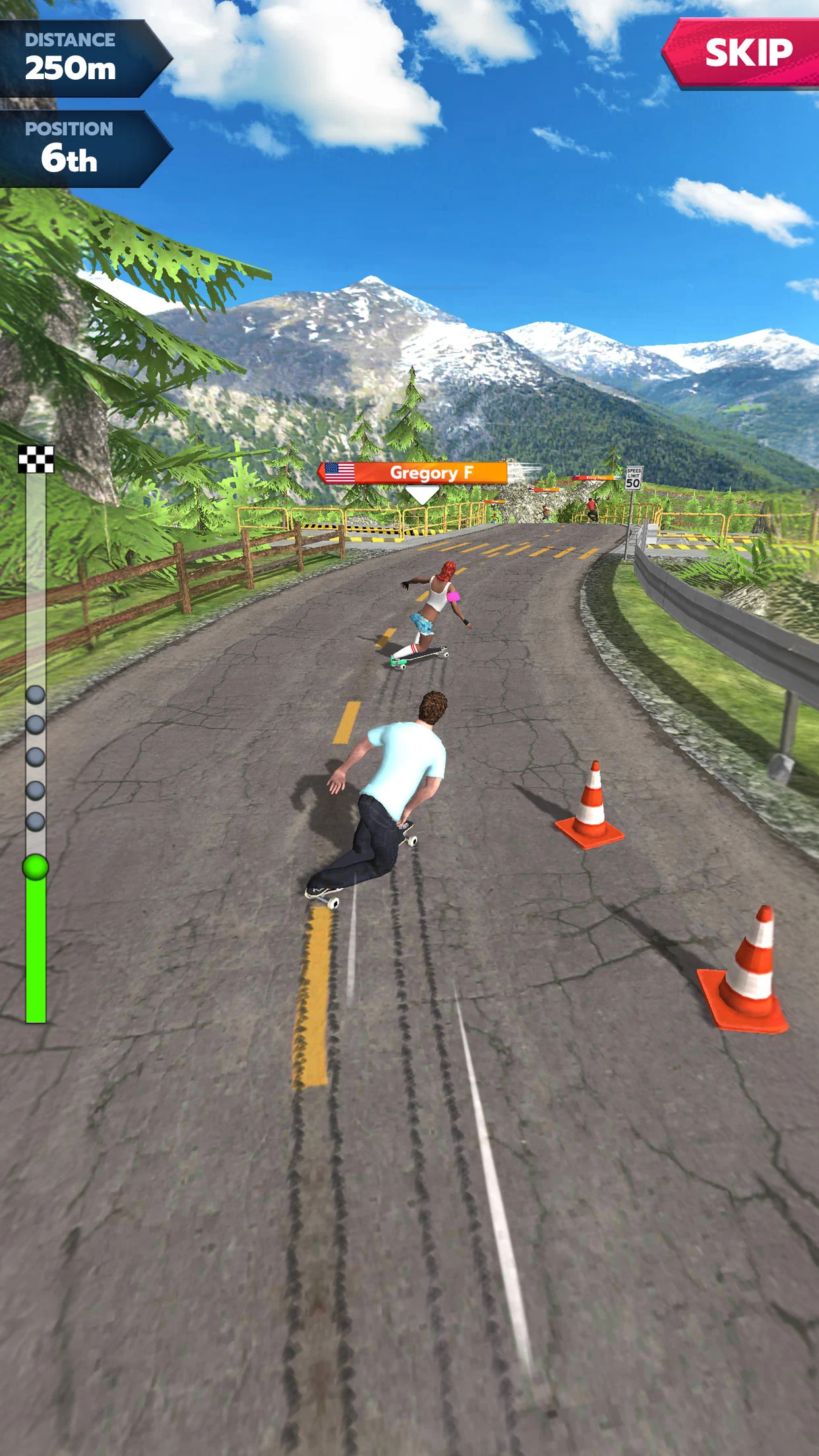 A first-person perspective of a downhill race showing speed blur and intricate track details